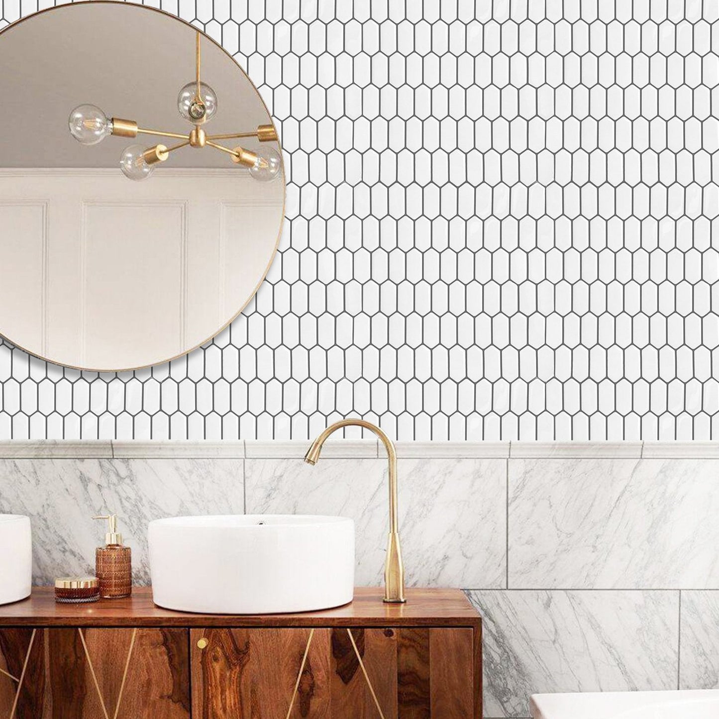 1.2mm Peel and Stick Hexagon White Gray Frame Line Wall Tiles Home Decor Kitchen T80304 by Vivid Tiles | Souqify