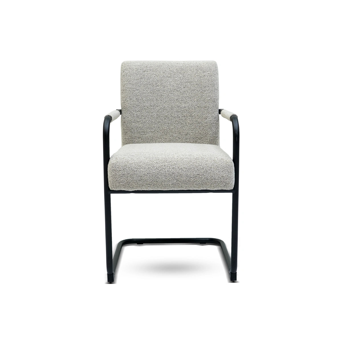Gray upholstered chair with black metal frame on a white background