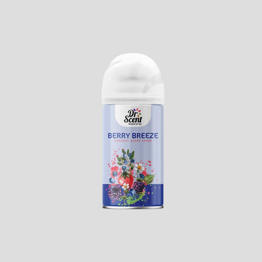 Dr. Scent Berry Breeze air freshener spray on a light gray background
