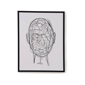 Framed black and white line art of a face on a white background
