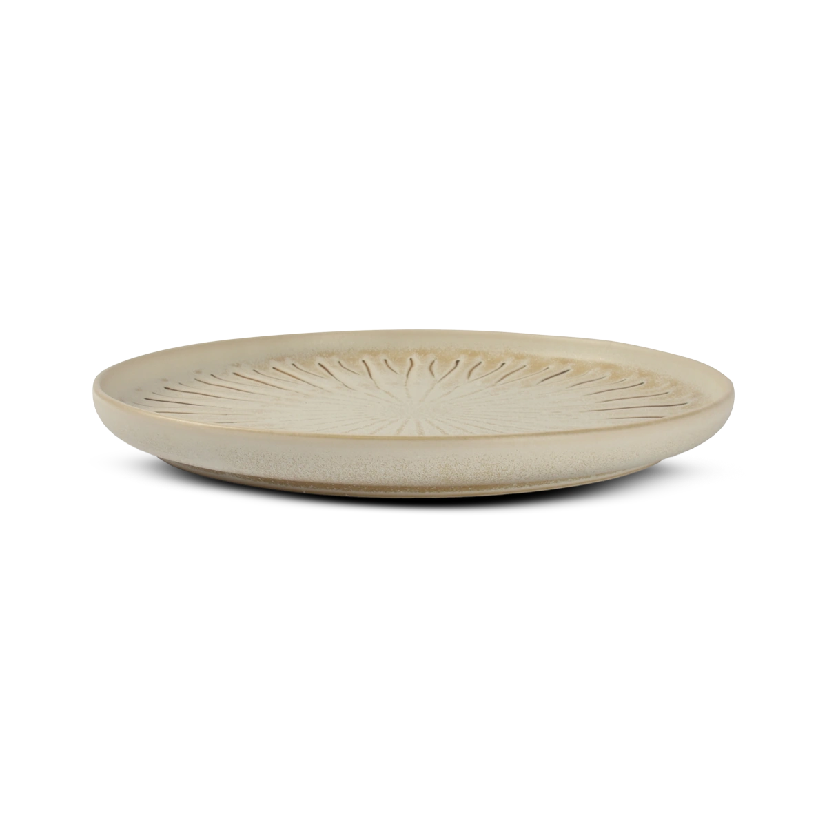 Beige ceramic plate with textured design on a white background