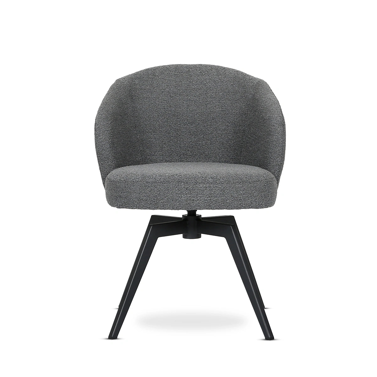 Gray upholstered chair with black metal legs on a white background