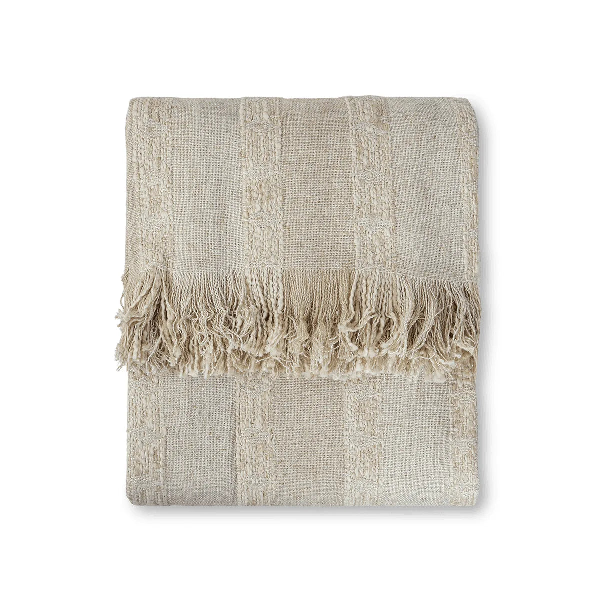 Textured throw blanket with fringes on a white background