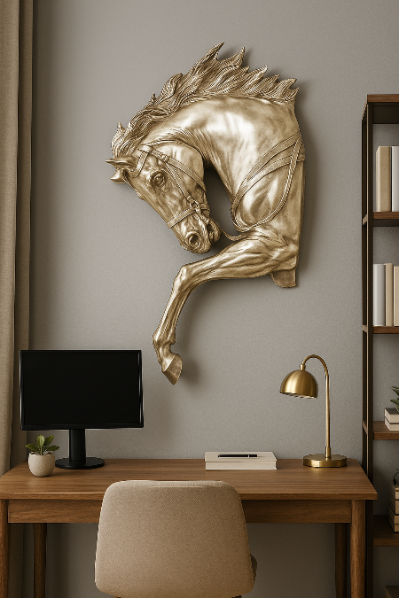 Gold horse head sculpture on a wall above a desk with a computer setup- Eclipse Stallion – Metallic Wall Sculpture