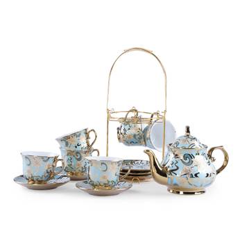 Tea set with teapot, cups, and saucers on a white background