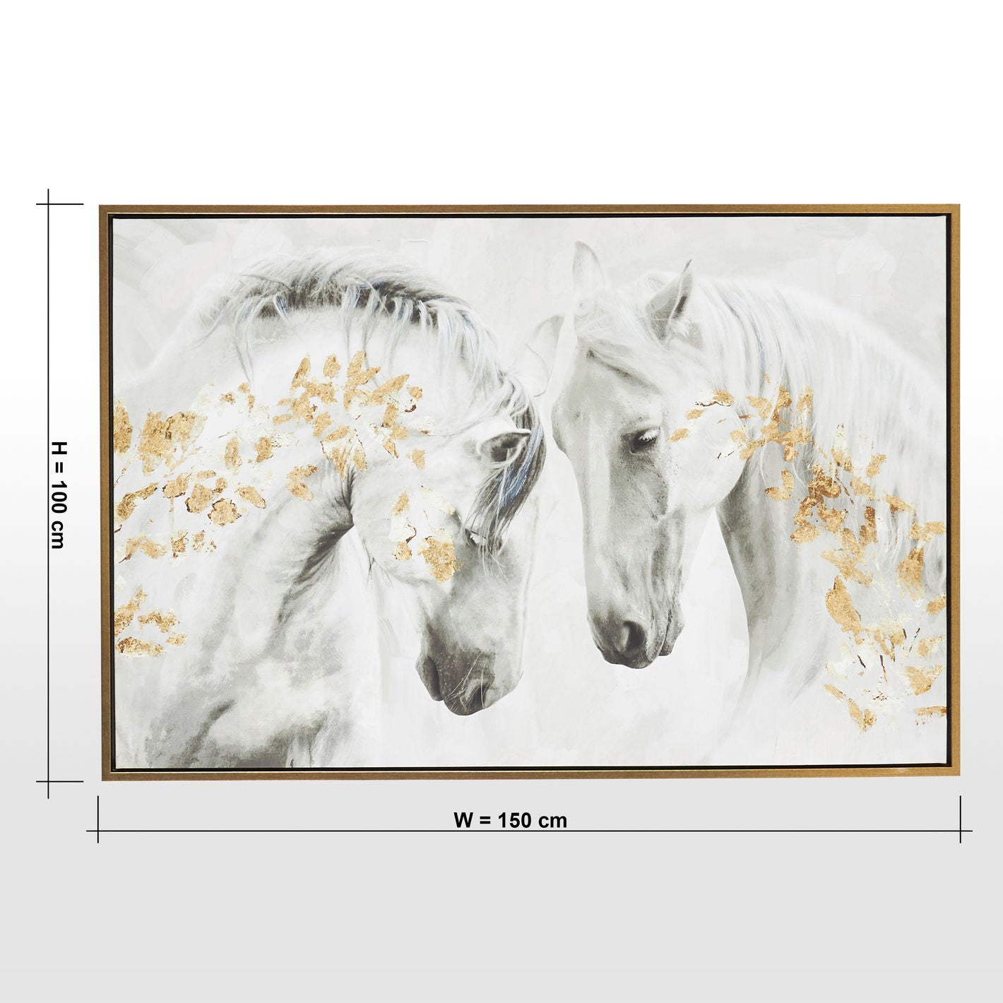 Framed artwork of two white horses with gold accents on a white background