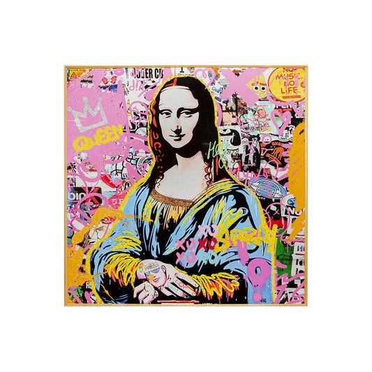 Surrealistic painting of a woman with colorful abstract elements on a pink background