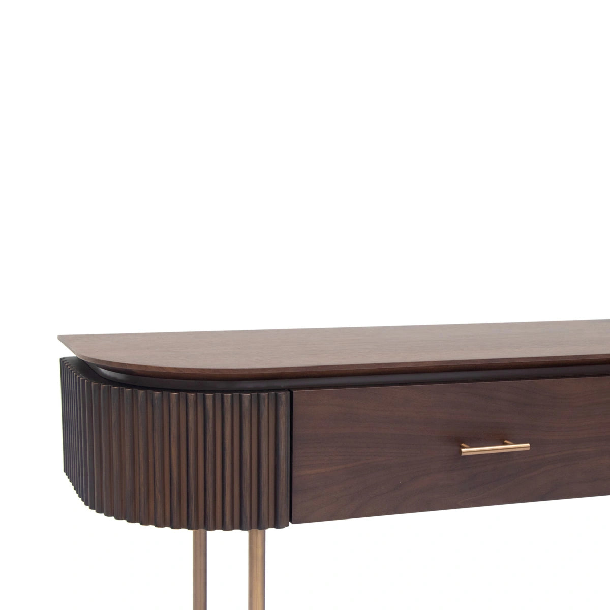 Wooden console table with a drawer and gold accents on a white background
