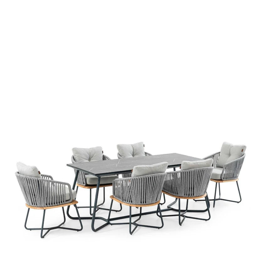 Outdoor furniture set with a square table and six chairs on a white background
