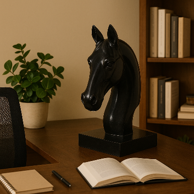 Black horse head sculpture on a desk with an open book, pen, and plant in the background - Onyx Rider – Minimalist Equine Décor