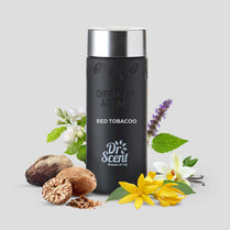 Black diffuser aroma bottle labeled 'Dr. Scent' with flowers and spices on a light gray background