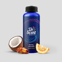 Dr. Scent bottle labeled 'Royal Palace' with a coconut, amber stone, and orange slice on a gray background