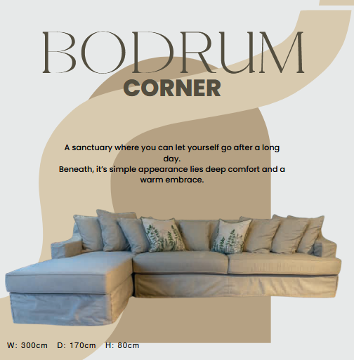 Beige corner sofa with decorative pillows on a light gray background, featuring the brand 'Bodrum Corner'. Bodrum Corner Collection Sofa – Deep Comfort & Modern Elegance | Vella Concept