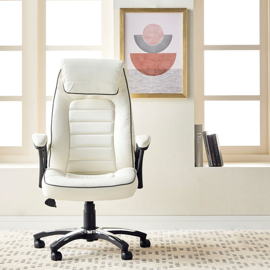 White office chair in a room with a framed abstract art piece on the wall.