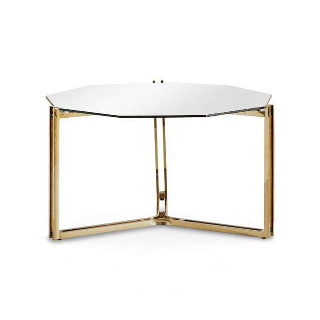 Hexagonal glass table with gold metal frame on a white background
