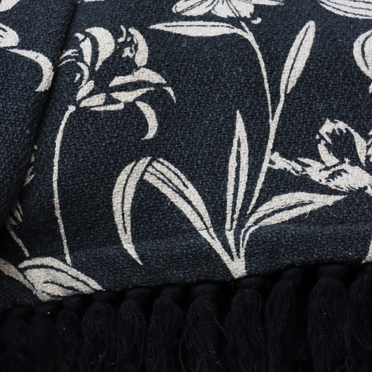 Black & Beige Handwoven Cotton Throw with fringe 50" x 60" (127 x 172 cm) by Luv Saffron | Souqify