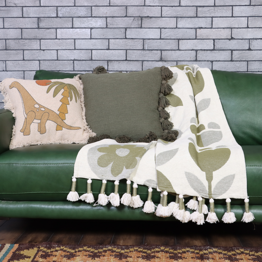 Olive Green Handwoven Cotton Throw with fringe 50" x 60" (127 x 172 cm) by Luv Saffron | Souqify