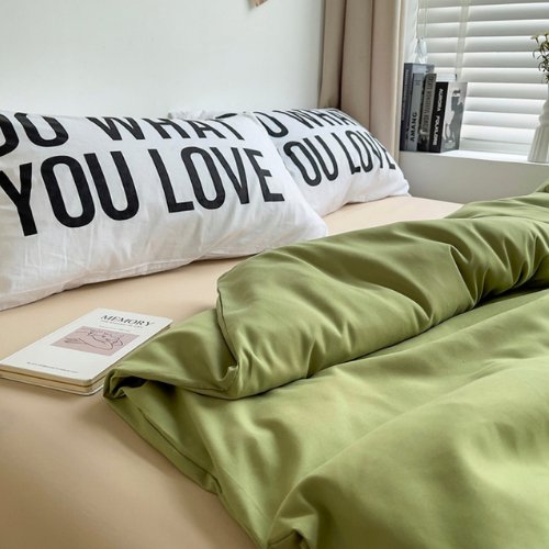 Premium Single Size 4 Pieces Constructor Design with 2 eye-catching pillowcases, Plain Beige Bedsheet and Olive Color Duvet Cover without filler. by 5 | Souqify