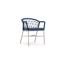 A navy blue upholstered side chair with a metal frame and cushioned seat and backrest - Sancrea Side 627 Premium Aluminium & Rope Accent Chair