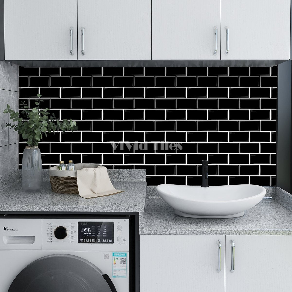 Thick 1.6mm 12.6*10.6 Inch Peel And Stick Black With White Grout Brick Vinyl Wall Tile Home Decor Kitchen Bathroom Living Room VP222 by Vivid Tiles | Souqify