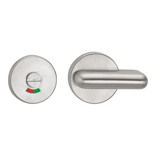 The Stainless Steel Rosette Handle Escutcheon features a privacy indicator, modern cylindrical design, and brushed metal finish. Supplied with wood screws, the handle comes in a color box; the spindle is packed separately in a plastic bag.