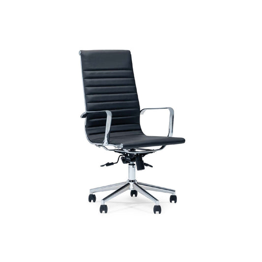 Bold Executive High-Back Chair – Black Leather, Chrome Base