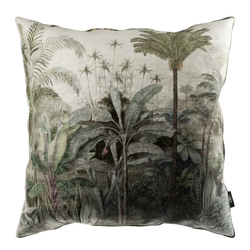 Cushion Cythera is a square decorative cushion with a botanical print of tropical plants and palm trees in muted green and gray. Its velvety soft texture and artistic design add elegant jungle charm to your home decor.