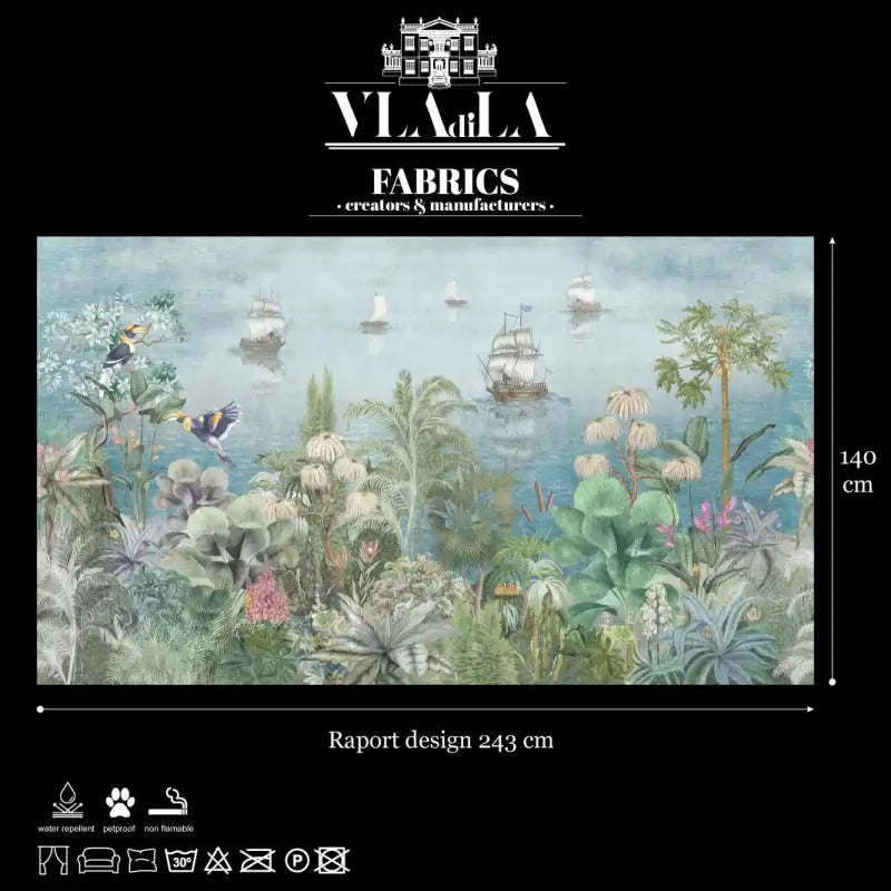 Fabric Paradise Shore by Vladila Fabrics is a 243x140 cm upholstery fabric featuring lush tropical plants, birds, and sailing ships on a calm blue sea—ideal for interior decor.
