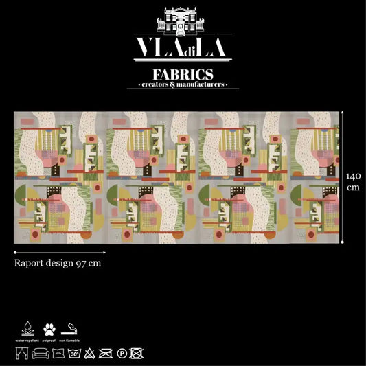 Fabric Creativite features a patterned velvet design with geometric shapes in pastel colors on a black background. Measuring 140 x 97 cm, it's perfect for upholstery or drapery. Vladila Fabrics logo and care icons are shown above and below.