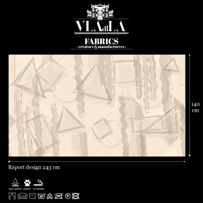 Fabric Dessin (Nude): Abstract beige design with subtle squares, triangles, circles, and wavy vertical lines—perfect for upholstery or accent pillows. Size: 243 cm wide x 140 cm tall. VladiLA Fabrics logo displayed at the top.