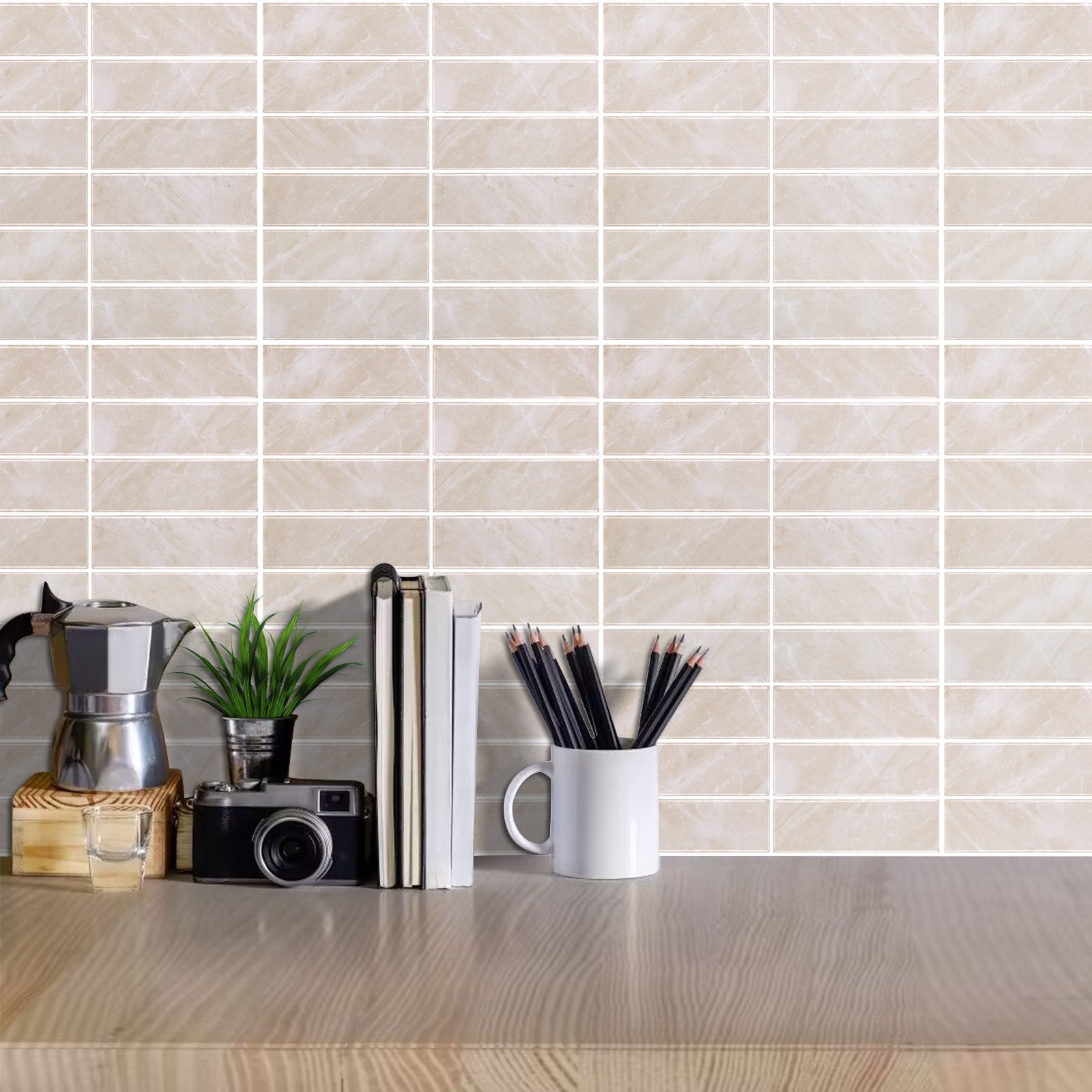 1.2mm Peel and Stick Beige Marble Pattern Rectangular Wall Tiles Home Decor Kitchen T80773 by Vivid Tiles | Souqify