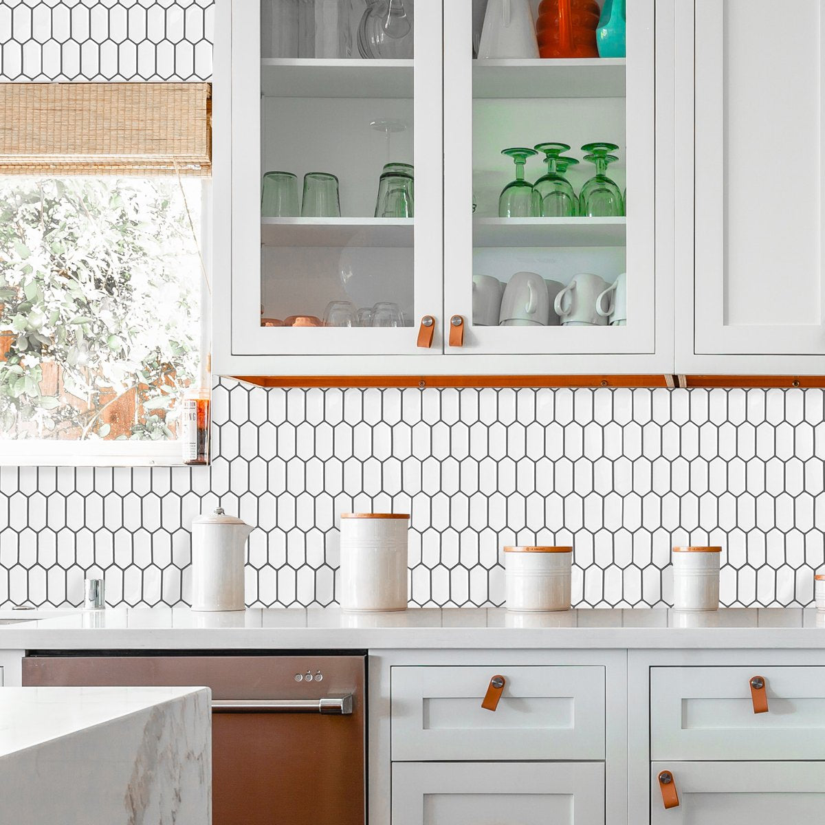 1.2mm Peel and Stick Hexagon White Gray Frame Line Wall Tiles Home Decor Kitchen T80304 by Vivid Tiles | Souqify