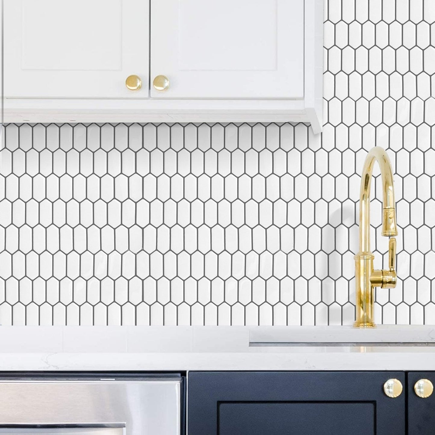 1.2mm Peel and Stick Hexagon White Gray Frame Line Wall Tiles Home Decor Kitchen T80304 by Vivid Tiles | Souqify