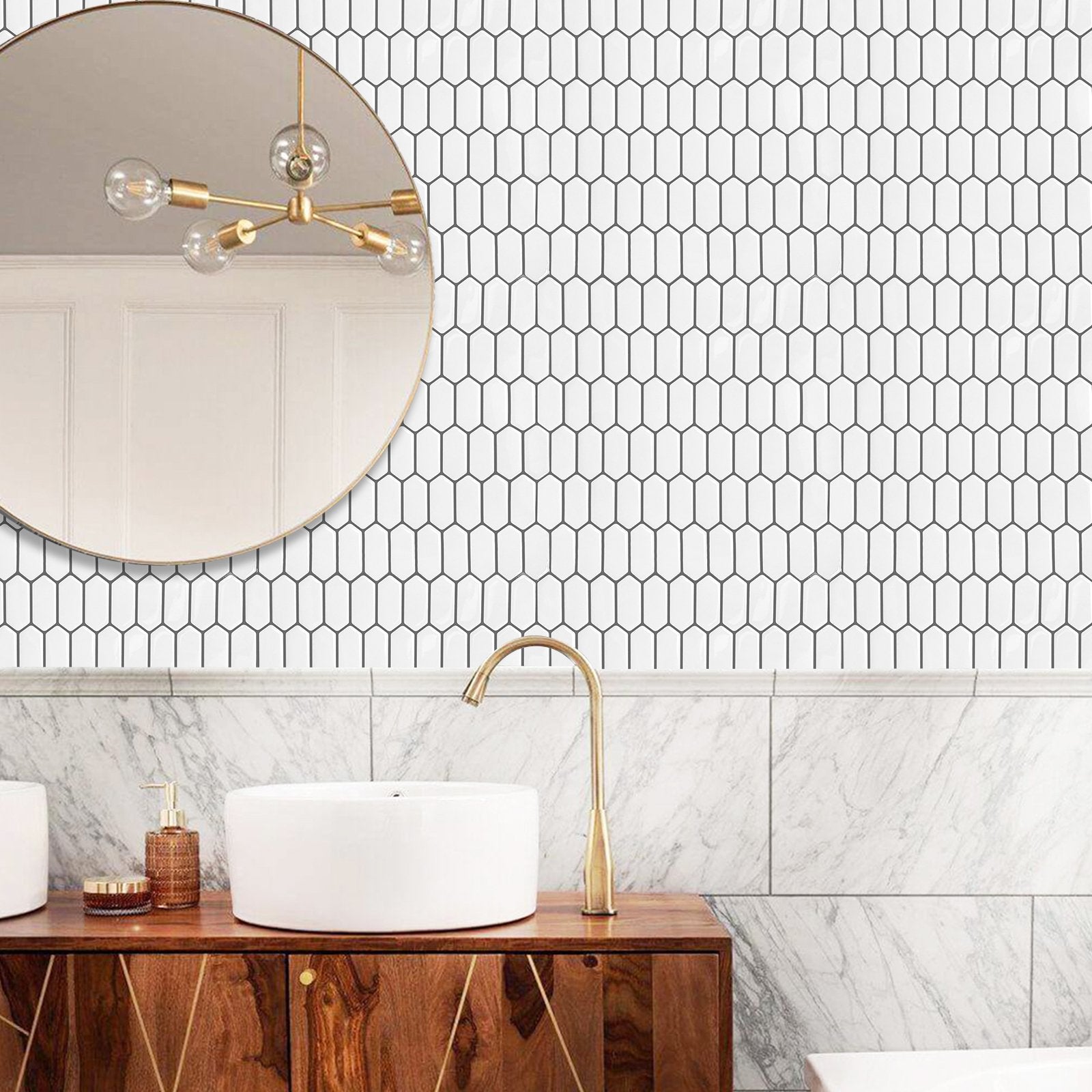 1.2mm Peel and Stick Hexagon White Gray Frame Line Wall Tiles Home Decor Kitchen T80304 by Vivid Tiles | Souqify