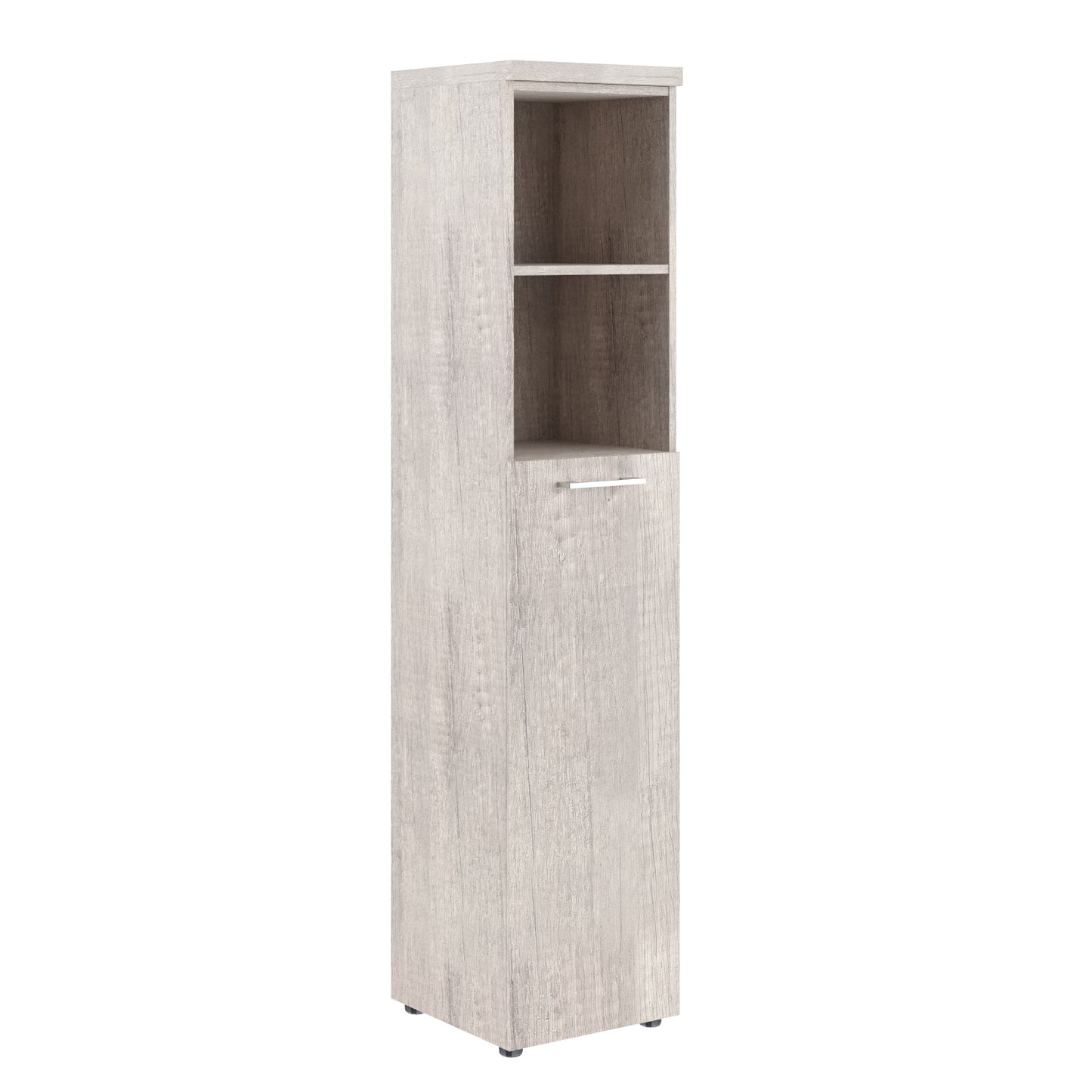 HIGH EXECUTIVE FULL HEIGHT CABINET MADE IN E1 LAMINATE CHIPBOARD WITH OPEN SHELVES, WOODEN SWING DOOR AND GLOSSY ACRYLIC 3D 2MM EDGES