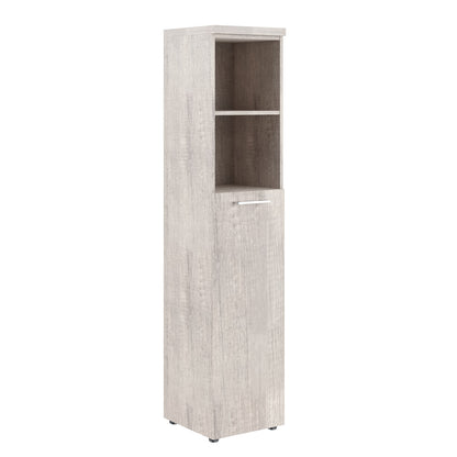 HIGH EXECUTIVE FULL HEIGHT CABINET MADE IN E1 LAMINATE CHIPBOARD WITH OPEN SHELVES, WOODEN SWING DOOR AND GLOSSY ACRYLIC 3D 2MM EDGES