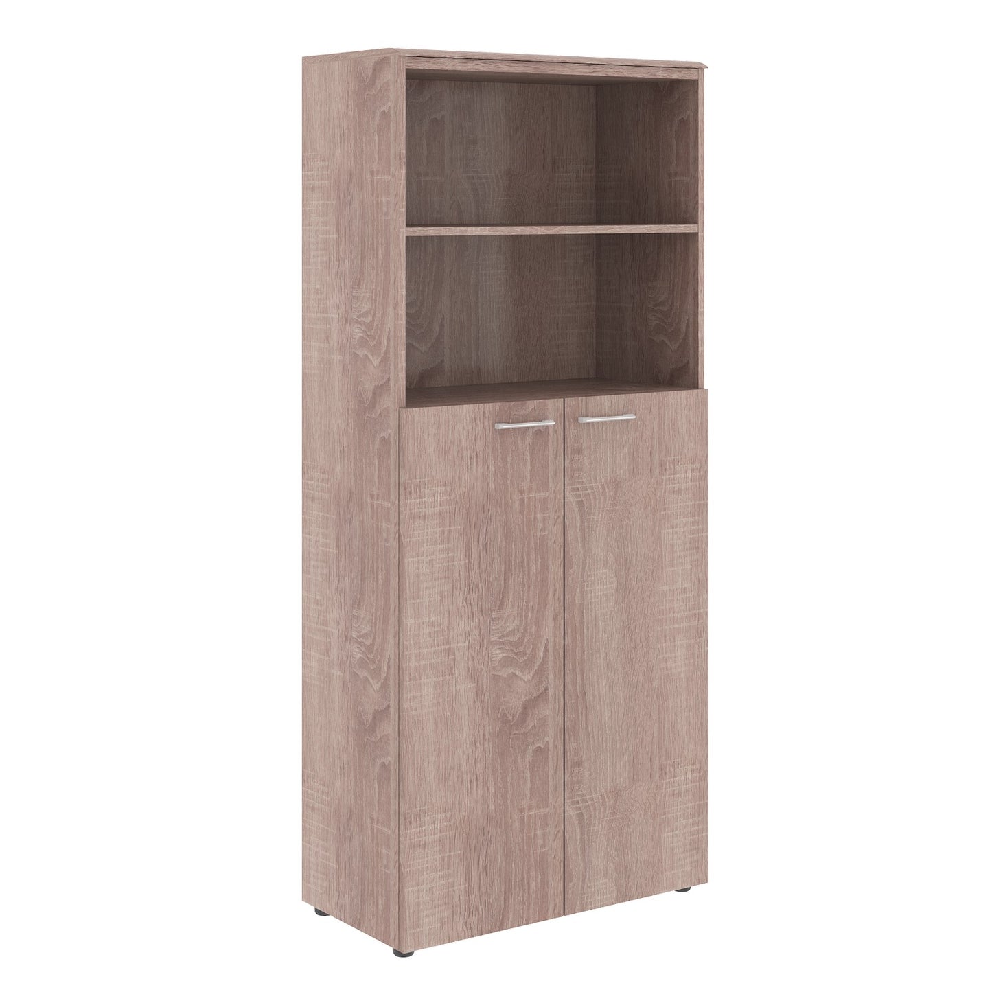 FULL HEIGHT CABINET, MADE IN E1 LAMINATE CHIPBOARD, WITH OPEN SHELVES AND WOODEN SWING DOOR