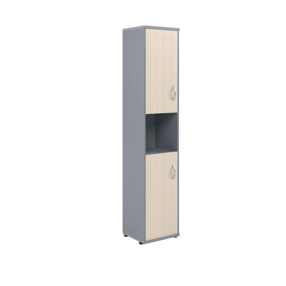 FULL HEIGHT CABINET, MADE IN E1 LAMINATE CHIPBOARD, WITH WOODEN SWING DOORS AND OPEN SHELF
