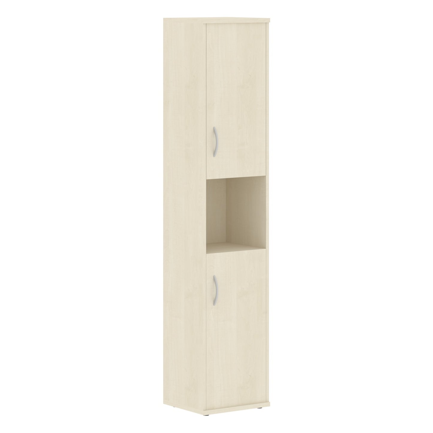 FULL HEIGHT CABINET, MADE IN E1 LAMINATE CHIPBOARD, WITH WOODEN SWING DOORS AND OPEN SHELF