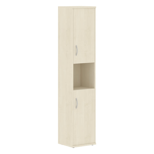 FULL HEIGHT CABINET, MADE IN E1 LAMINATE CHIPBOARD, WITH WOODEN SWING DOORS AND OPEN SHELF