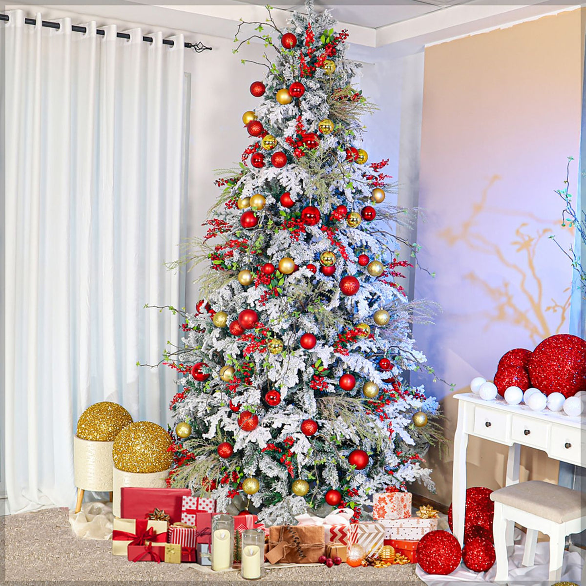 Snow-Flocked Christmas Tree with Sturdy Metal Stand - 270 cm