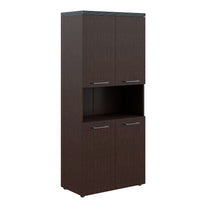 HIGH EXECUTIVE FULL HEIGHT CABINET MADE IN E1 LAMINATE CHIPBOARD WITH OPEN SHELVES, WOODEN SWING DOOR AND GLOSSY ACRYLIC 3D 2MM EDGES