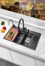 High and low sink with cup washer