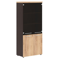 HIGH EXECUTIVE FULL HEIGHT CABINET, MADE IN E1 LAMINATE CHIPBOARD, WITH UPPER GLASS AND LOWER WOODEN SWING DOORS