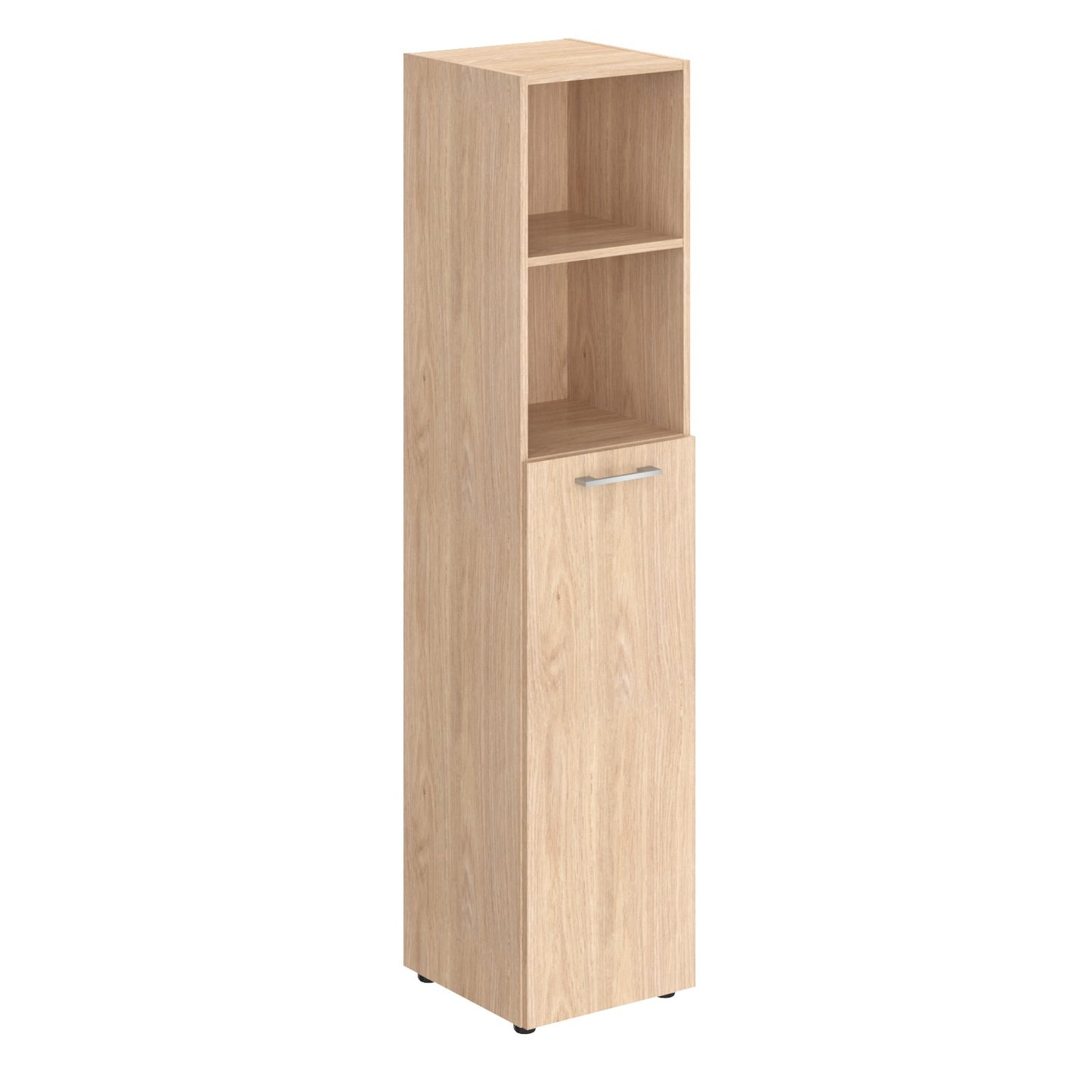 HIGH EXECUTIVE FULL HEIGHT CABINET MADE IN E1 LAMINATE CHIPBOARD WITH OPEN SHELVES, WOODEN SWING DOOR AND GLOSSY ACRYLIC 3D 2MM EDGES