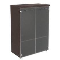 HIGH EXECUTIVE MEDIUM HEIGHT CABINET MADE IN E1 LAMINATE CHIPBOARD WITH GLASS SWING DOOR AND GLOSSY ACRYLIC 3D 2MM EDGES