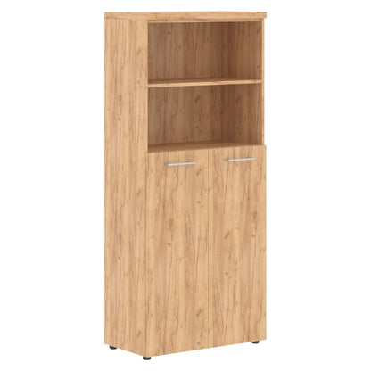 HIGH EXECUTIVE FULL HEIGHT CABINET MADE IN E1 LAMINATE CHIPBOARD WITH OPEN SHELVES, WOODEN SWING DOOR AND GLOSSY ACRYLIC 3D 2MM EDGES