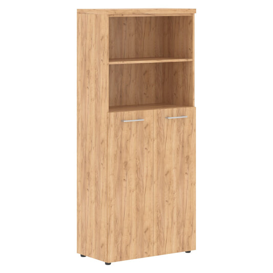 HIGH EXECUTIVE FULL HEIGHT CABINET MADE IN E1 LAMINATE CHIPBOARD WITH OPEN SHELVES, WOODEN SWING DOOR AND GLOSSY ACRYLIC 3D 2MM EDGES