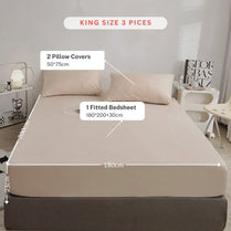 3 Pieces Fitted Bedsheet Set, Plain Beige Color, Various Sizes by 5 | Souqify