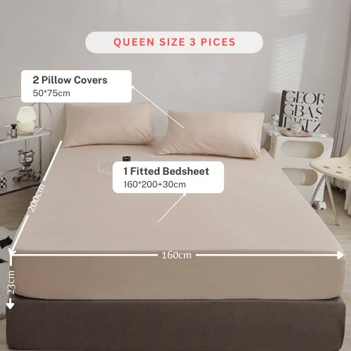 3 Pieces Fitted Bedsheet Set, Plain Beige Color, Various Sizes by 5 | Souqify